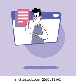 Illustrated instructor gesturing as interacting with digital content on purple background. Online education and remote learning during modern teaching concept