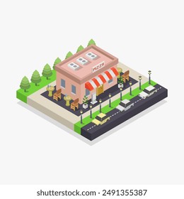 Illustrated isometric pizzeria on background