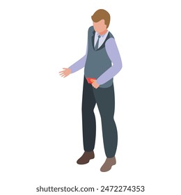 Illustrated isometric view of a professional man gesturing with one hand while holding a phone