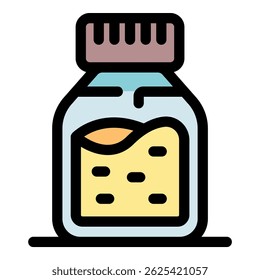 Illustrated jar of honey with floating particles inside