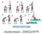 An illustrated kettlebell workout guide featuring a woman demonstrating various exercises, including squats, presses, swings, and Turkish get-ups.