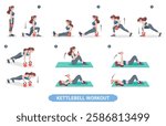 An illustrated kettlebell workout guide featuring a woman demonstrating various exercises, including squats, presses, swings, and Turkish get-ups.