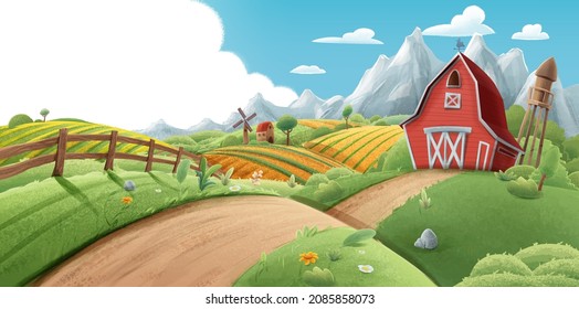 illustrated landscape of a farm for background
