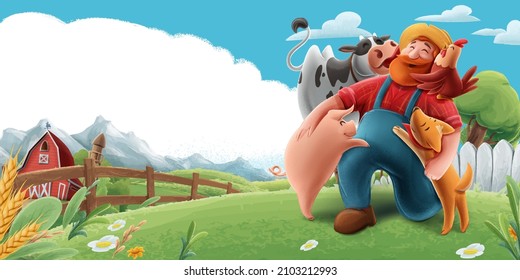 illustrated landscape of a farm with cow pig dog chicken farmer chicken