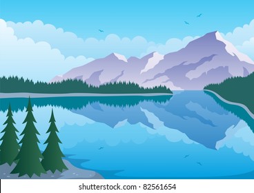 Illustrated landscape of mountain and lake. A4 proportions.