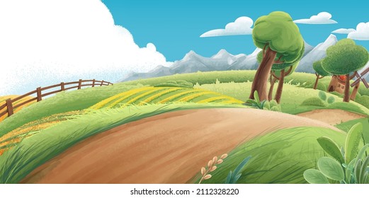 ILLUSTRATED LANDSCAPE PLAIN MOUNTAINS FARM