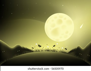 Illustrated with a large full moon with a silhouette of mountains, butterflies and fireflies