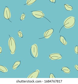 Illustrated Leaves on teal blue background, seamless vector repeat pattern floral. Simple pattern for textile.