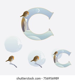 Illustrated letter c in Christmas winter theme with a cute robin bird on a snowy evening