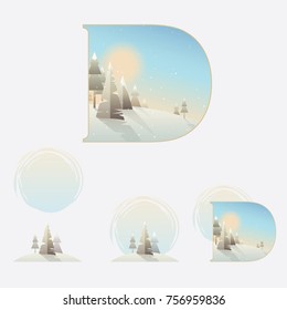 Illustrated letter d in Christmas winter theme with pine trees on a snowy landscape