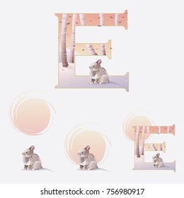Illustrated letter e in a Christmas winter theme with a cute rabbit among birch trees and snow