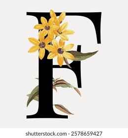 Illustrated letter 'F' adorned with yellow flowers and green leaves. Floral design enhances the letter 'F' with vibrant yellow flowers and foliage. Vintage floral font vector.