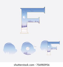 Illustrated letter F in a winter theme with a snowy mountains and woods under the moonlight