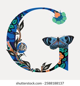 Illustrated letter 'G' with vibrant floral and butterfly design. Colorful flowers and butterfly adorn the 'G'. Artistic and decorative letter 'G'. Vintage animal illustration vector.