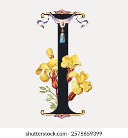 Illustrated letter 'I' with yellow flowers. Vintage style, floral design. Decorative 'I' with blossoms. Artistic letter 'I' with flowers and leaves. Vintage floral font vector.