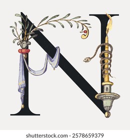 Illustrated letter 'N' with decorative elements like a snake, candle, and olive branch. Artistic 'N' design with vintage and ornate style details. Vintage floral font vector.