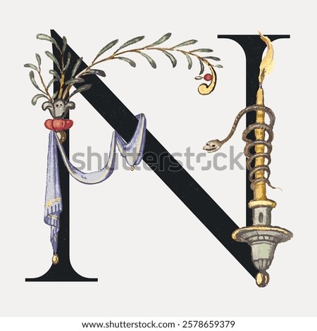 Illustrated letter 'N' with decorative elements like a snake, candle, and olive branch. Artistic 'N' design with vintage and ornate style details. Vintage floral font vector.