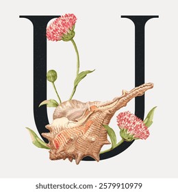 Illustrated letter 'U' with a seashell and pink flowers. Elegant design with botanical elements. Perfect for nature-themed decor or stationery. Vintage floral font vector.