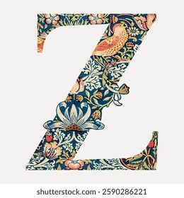 Illustrated letter 'Z' with floral and bird motifs. Decorative 'Z' features intricate flowers and birds. Artful 'Z' design with nature elements. Vintage font illustration, isolated vector.