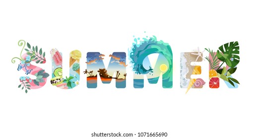 Illustrated Lettering Summer. Greens, fruits, beach and sea, bright and mouth-watering summer colors. Hello Summer.  Vacation vector text.