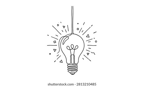 Illustrated light bulb emitting sparks and rays in transparent background setting