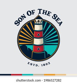 Illustrated Lighthouse Vintage Retro Logo. Navi Sailor Marine Life. Son of the Sea. King of the Ocean.