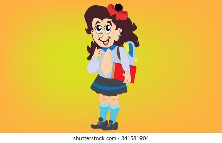 Illustrated little Asian schoolgirl with handbag with red ribbon on head with wide open eyes