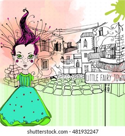 illustrated little fairy with cute town in the background | hand made illustration 