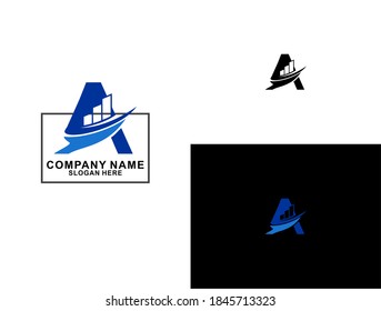 Logo ilustrado A con flecha y estadística de color azul en un diseño moderno, ilustración, empresa, negocio.
