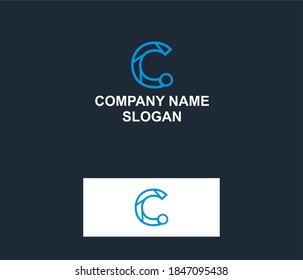 Logo ilustrado C con flecha, conexión, tecnología y estadística de color azul en un diseño moderno, ilustración, empresa, negocio.