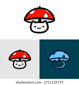 Un logotipo ilustrado presenta un gato de dibujos animados protegido bajo una tapa de seta roja con manchas blancas. El diseño utiliza contornos atrevidos y Formas simples para una estética limpia. La Imagen se presenta en diferentes variaciones de fondo. Adecuado para diversas aplicaciones, incluyendo proyectos de marca y diseño.