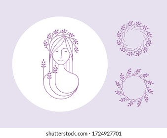 Illustrated logo of young woman with floral head wreath. Lavender face cosmetics sign with ornamnt.