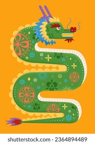 Illustrated majestic green dragon with floral pattern isolated on orange background.