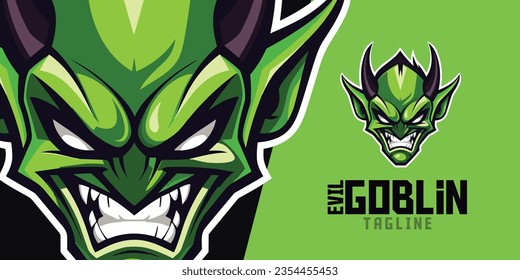 Illustrated Malicious Green Goblin: Logo, Mascot, Illustration, Vector Graphic for Sports and E-Competition Gaming Collectives, Angry Goblin Mascot Head
