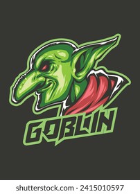 Goblin verde malicioso ilustrado: Logotipo, mascota, ilustración, vector gráfico para grupos deportivos y de juegos, cabeza de mascota Goblin enojada