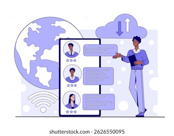 Hombre ilustrado analizando perfiles de candidatos en línea en una pantalla digital con un globo terráqueo e iconos de la nube en el fondo. Ilustración vectorial