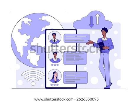 Illustrated man analyzing online candidate profiles on a digital screen with a globe and cloud icons in the background. Vector illustration