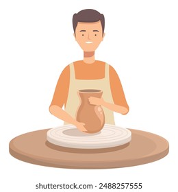 Illustrated man in apron shaping clay into a vase on a potter's wheel, displaying craftsmanship