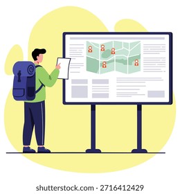 Hombre ilustrado con una mochila azul y una camisa verde, sosteniendo un papel, observando atentamente un mapa en un tablero de visualización de información
