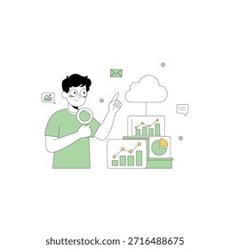 Ein bebilderter Mann untersucht mit einer Lupe Datenkarten und Grafiken, die auf eine Wolke zeigen und so die Datenanalyse und digitale Kommunikation symbolisieren.   