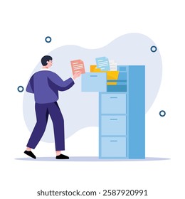 Illustrated man is filing documents in a cabinet, showcasing organization and record keeping in a business environment Great for illustrating office work.