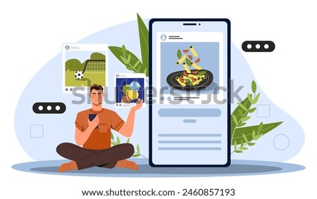An illustrated man interacting with a large smartphone displaying different content, on white background, concept of social media and online content consumption. Flat vector illustration