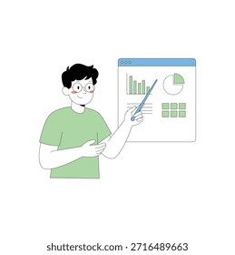 Un hombre ilustrado con puntos a un gráfico en la pantalla de una computadora, probablemente durante una presentación o explicación.   