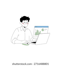 Un hombre ilustrado se sienta en un escritorio, operando una computadora portátil y un mouse, mientras que una pantalla secundaria muestra gráficos de datos en un estilo de diseño minimalista y plano.   