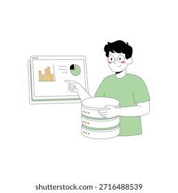 Ein bebilderter Mann zeigt auf einen Bildschirm, der Diagramme anzeigt, während er einen Stapel von Server-Datenplatten hält, die Datenanalyse und -speicherung darstellen