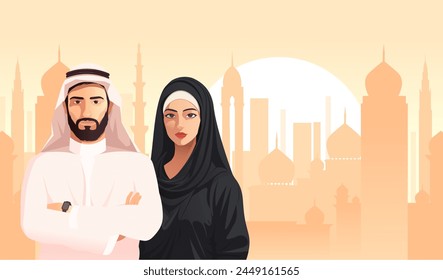 Un hombre y una mujer ilustrados con vestimentas tradicionales árabes sobre un fondo de paisaje urbano con siluetas de mezquitas, en un estilo de Vector. Ilustración vectorial