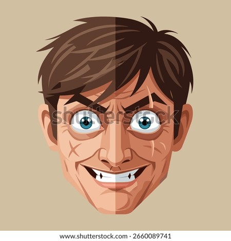 Illustrated man's face with an evil grin, brown hair, and intense blue eyes creates a scary and unsettling mood, suitable for Halloween-themed designs and horror content.
