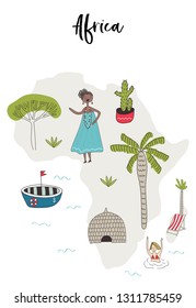 Illustrated map of Africa with fun hand drawn characters, local plants and elements. Color vector illustration.