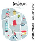 Illustrated Map of Amsterdam with cute and fun hand drawn characters, plants and elements. Color vector illustration.