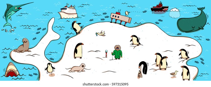 Illustrated Map of Antartica. With funny and typical objects, people, activities, animals, plants, history etc. Illustration in eps10 vector, continent on separate layer.